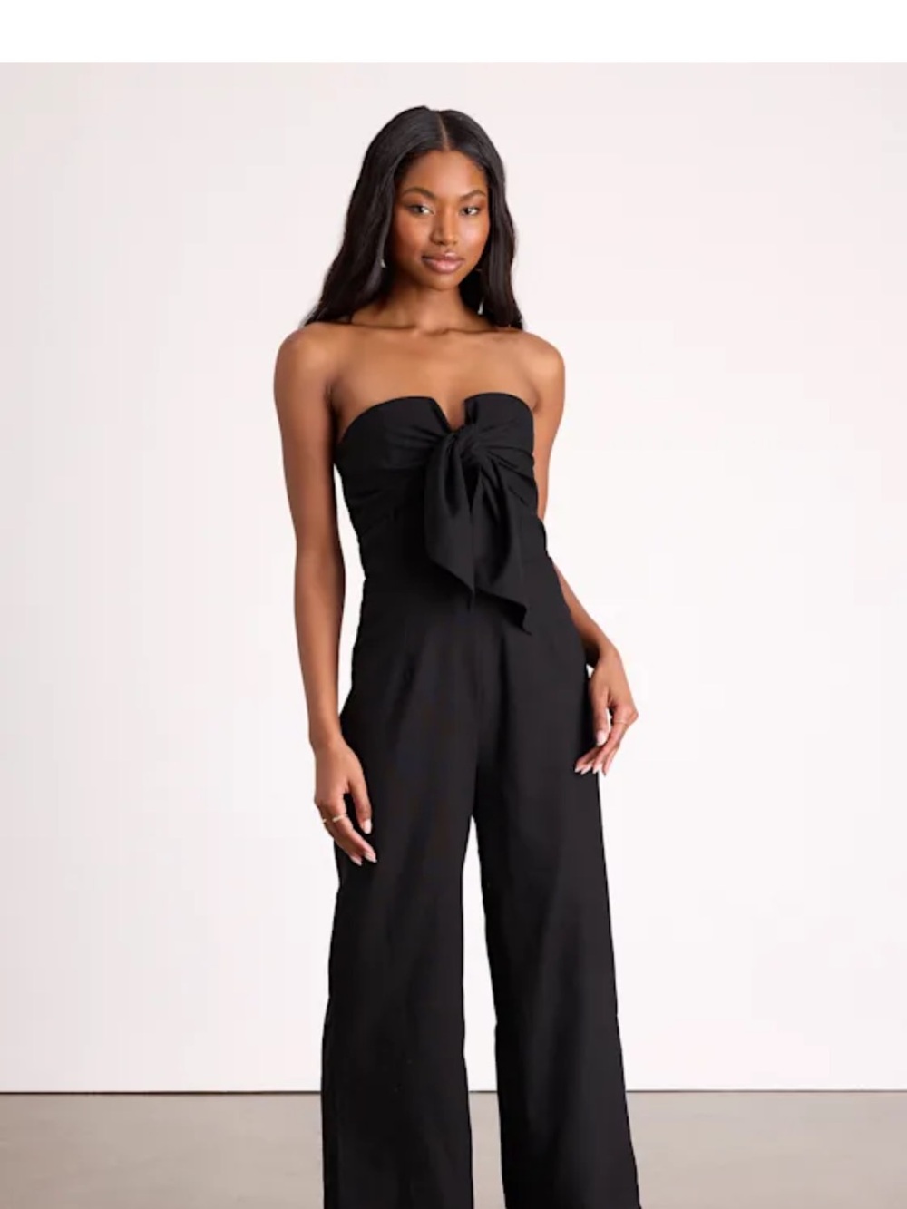 NWT: Lulus Strapless Black Wide-Leg Jumpsuit with Front Tie